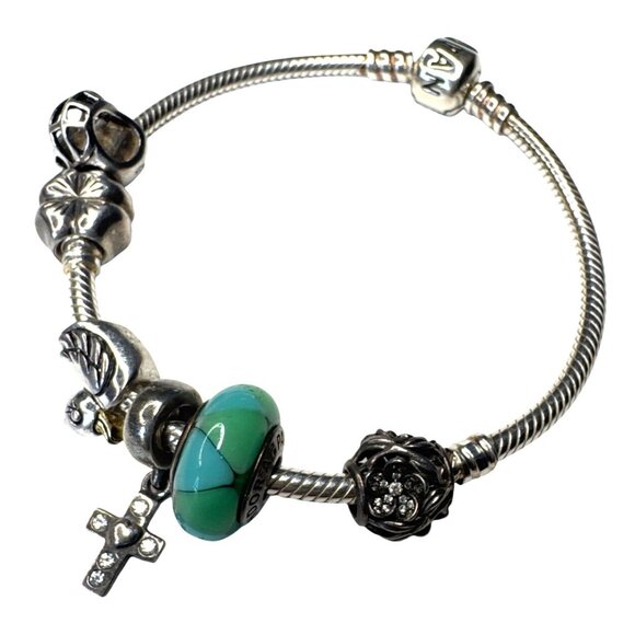 Pandora Sterling Silver Charm Bracelet With Beads & Charms - Picture 2 of 8